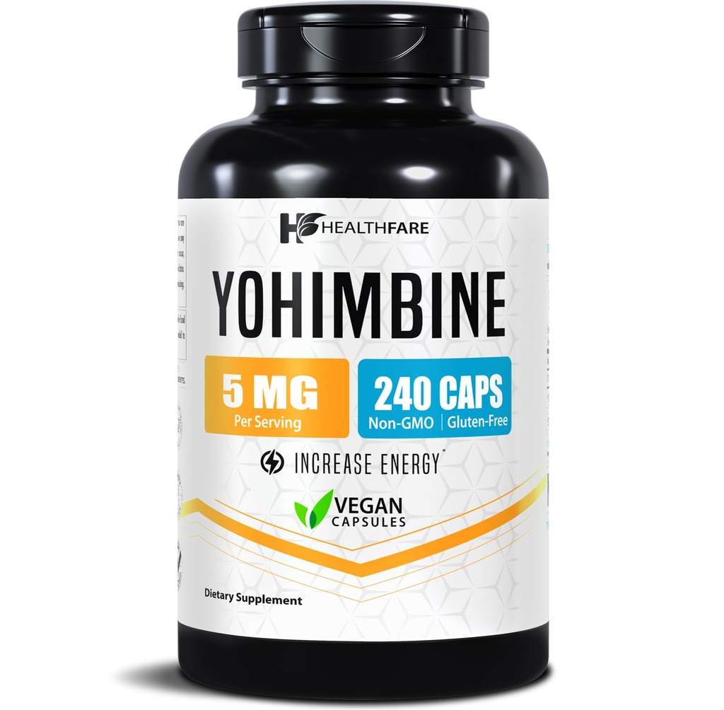 Healthfare Yohimbine HCL 5mg  240 Capsules Vegan presion Maximum Strength Fórmula ← Vegan, Non-GMO, Gluten-Free Silencio Made in the USA