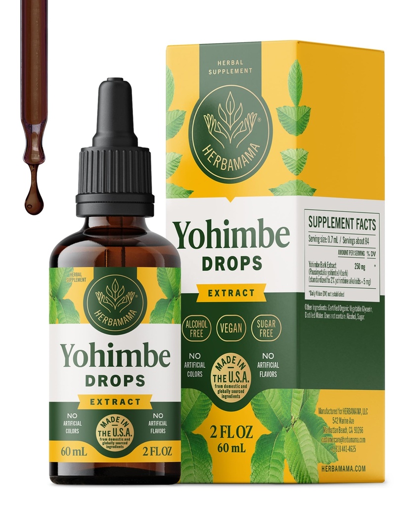 HERBAMAMA Yohimbe Suplementos para Mujeres Hombres - Vegan Apoyo general con Yohimbe Bark Extract - Non-GMO, Alcohol &amp; Sugar-Free Yohimbine Drops, 42-Day Supply