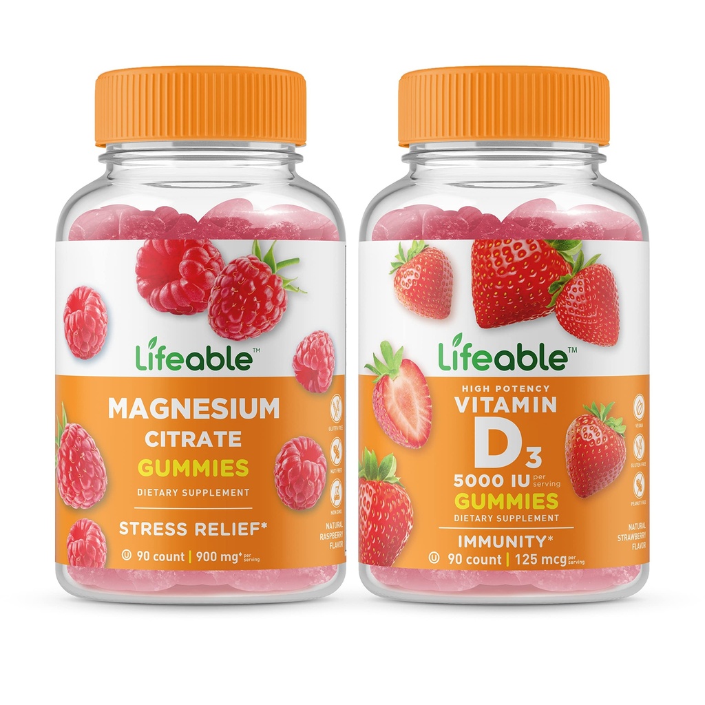 Magnesio vital + vitamina D 5000 UI, Gummies Bundle - Gran Tasting, Suplemento de vitaminas, Gluten Gratis, GMO Gratis, Chewable Gummy