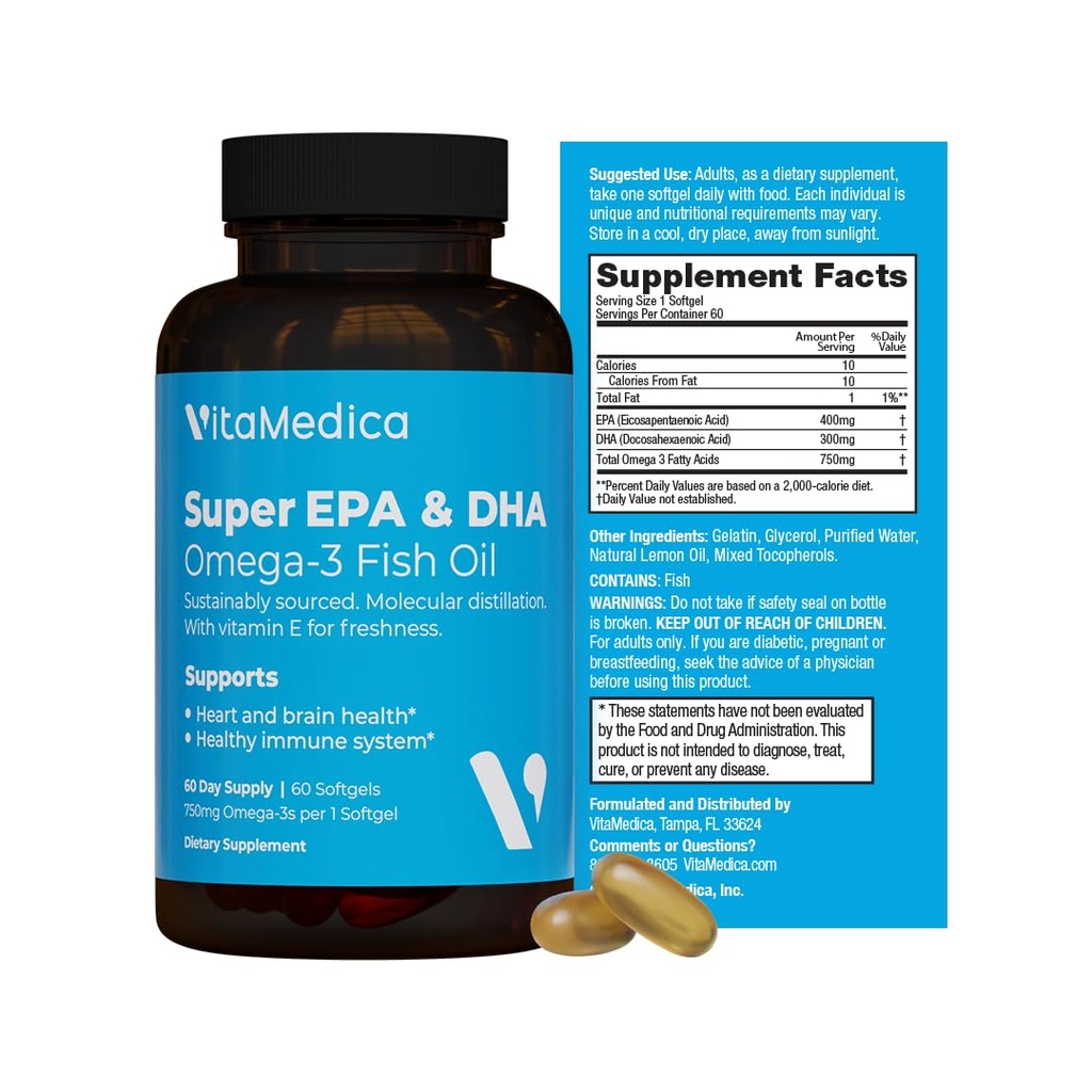 High-Potency, Super EPA/DHA Fish Oil 750mg of Essential Omega-3 Fatty Acids