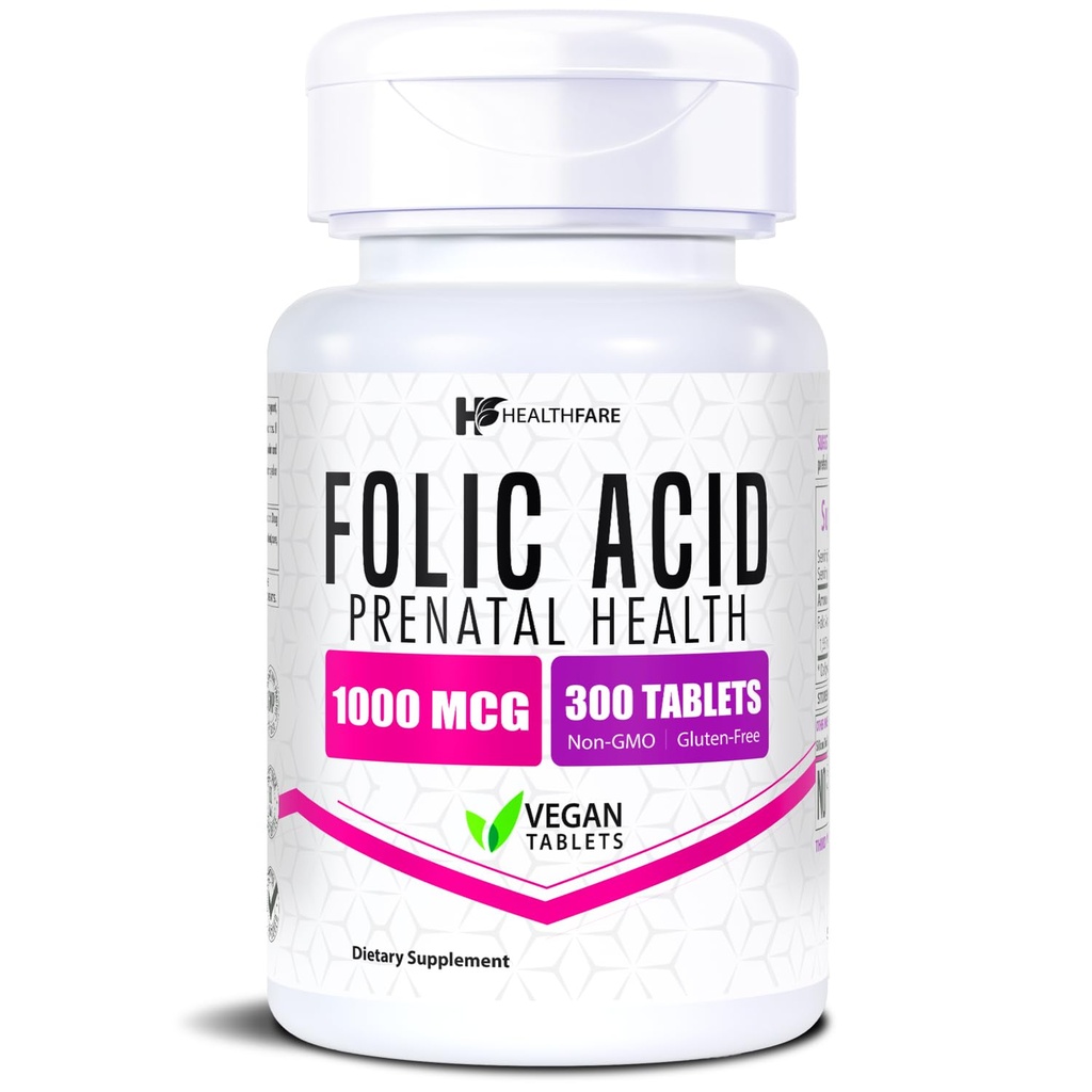 Healthfare Folic Acid 1000mcg TEN 300 Veg Tablets TEN Vitamin B9 TEN Gluten-Free TEN Non-GMO TEN Made in USA