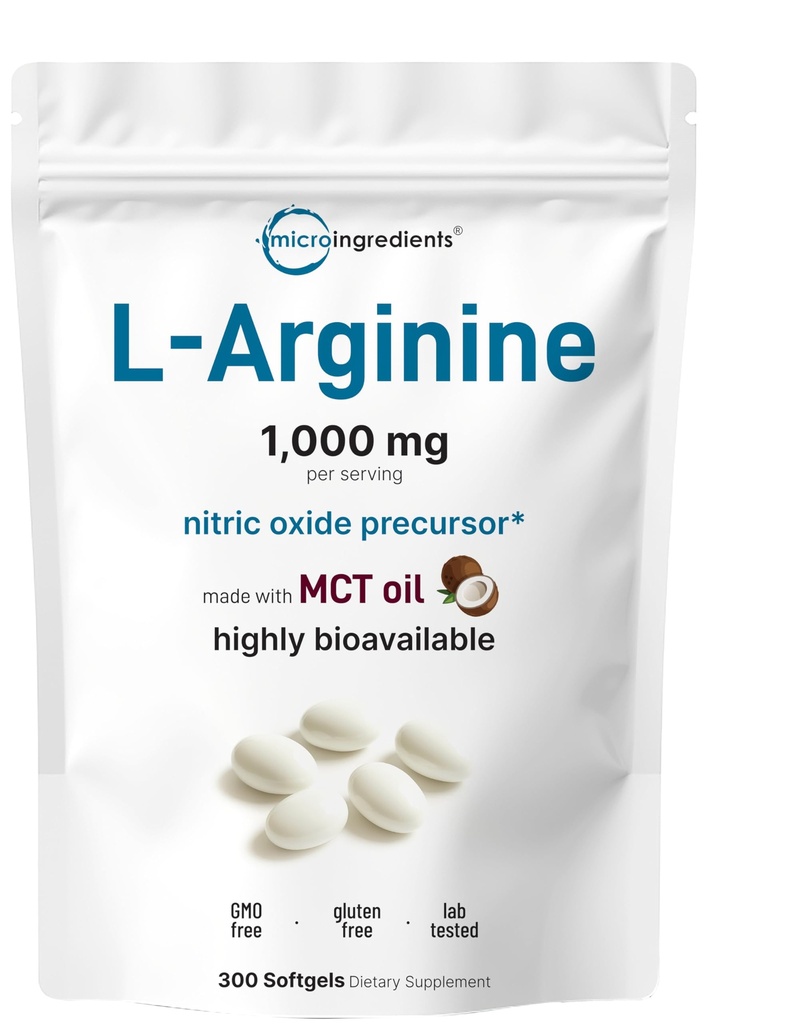 Micro Ingredientes L-Arginina 1000mg con MCT Oil, 300 Softgels ¦ Nitric Oxide Precursor* para Hombres " Mujeres ANTE Fórmula de Aminoácidos Extranjeros para el Bienestar diario .