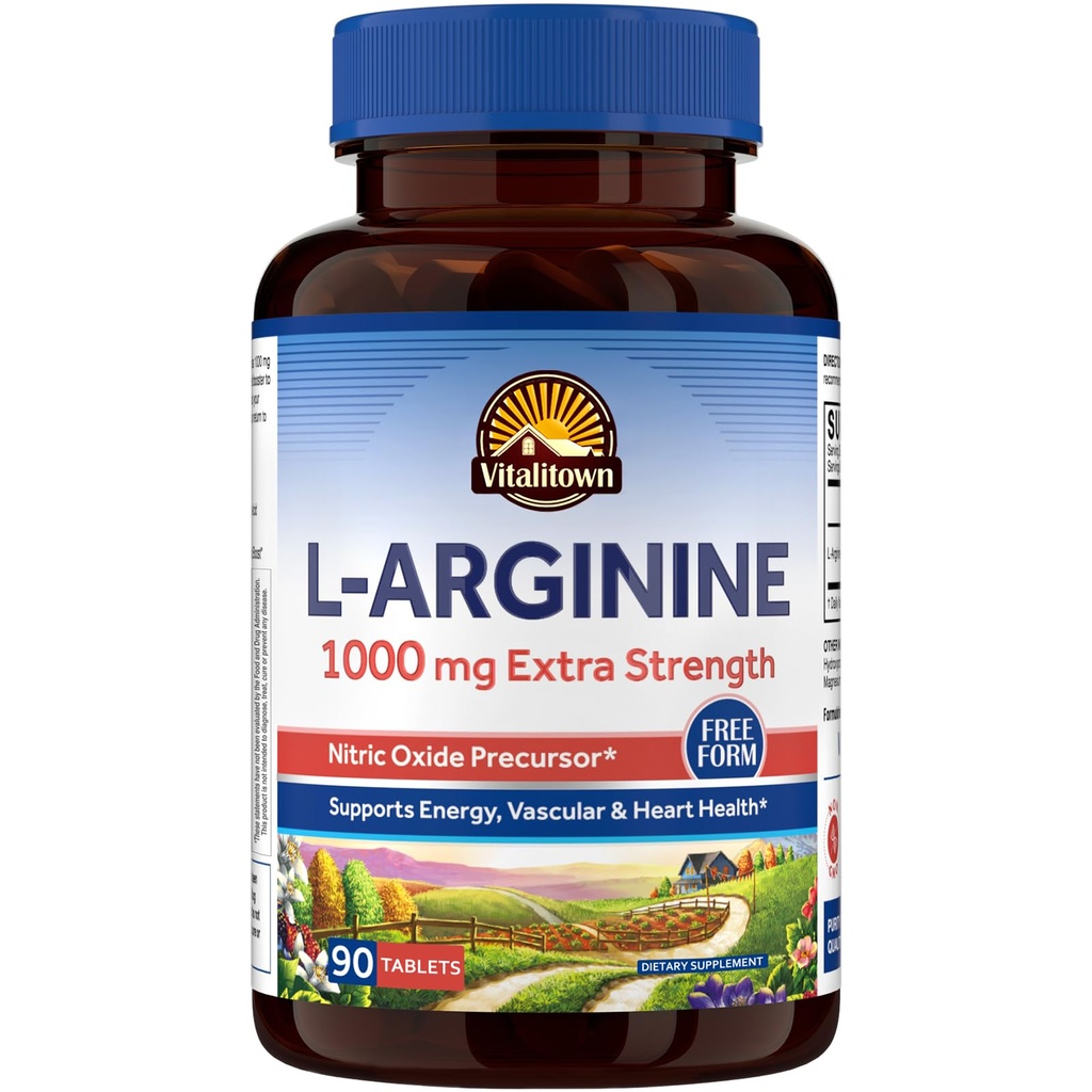 Vitalitown L-Arginine for Men ' Women, 1000 mg, Nitric Oxide Booster Supplements, No Gluten, Non-GMO, Endurance, Workout, Blood Flow Support, 90 Tablets