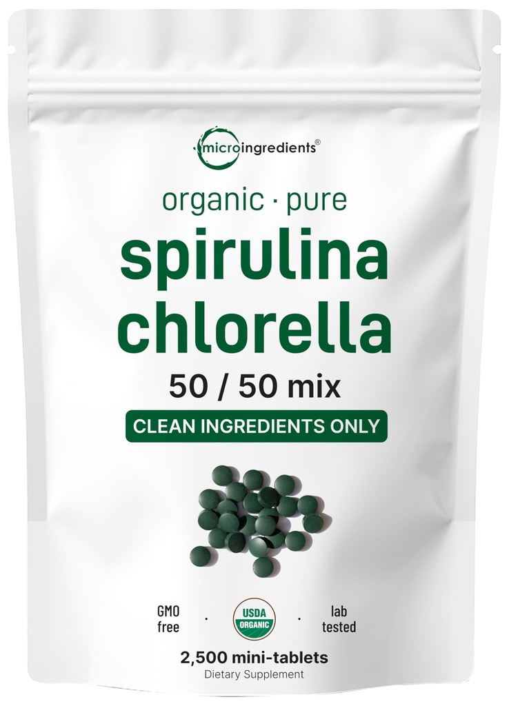 Micro Ingredientes Espirulina Orgánica Chlorella Mini Tabletas, 2.500 Tabletas (8 Mes de Suministro) TEN 50/50 Blend Superfood TEN Cracked Cell Wall for Better Absorption