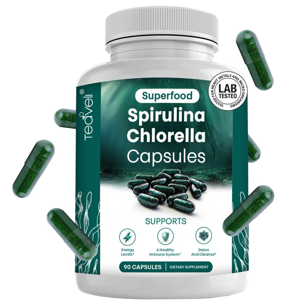Cápsulas de Spirulina y Clorella – Células de clorofila " Algas verdes azules para apoyar potente detox, energía " Sistema inmunológico saludable " 3X más Clorella Spirulina Powder/Serving – 90 Ct