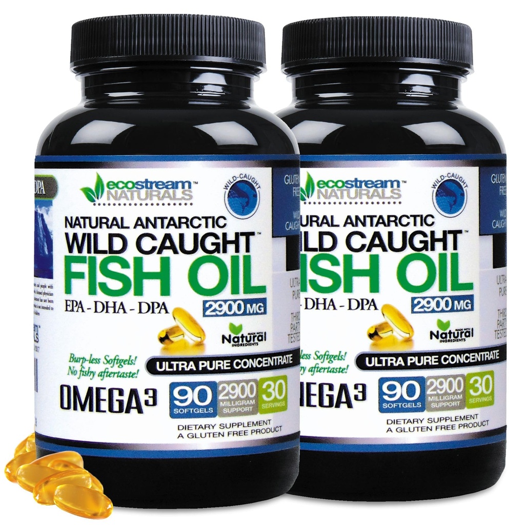 (Pack of 2) Natural Antarctic Wild Caught Omega 3 Fish Oil DPA-EPA-DHA Suplemento 2,900 Milligrams Triple Strength Ultra Pure Concentrated SoftGels - No Fish Tasting Burps