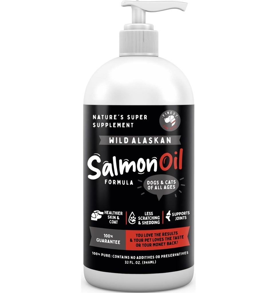 Finest Para Mascotas Salvaje Aceite de Salmón de Alaska para Perros &amp; Gatos - Omega 3 Aceite de pescado con Pollock &amp; Salmón para la piel sensible &amp; salud de la carne. EPA & DHA Ease Itching, Supports Joint, Immune & Heart Health (32oz)