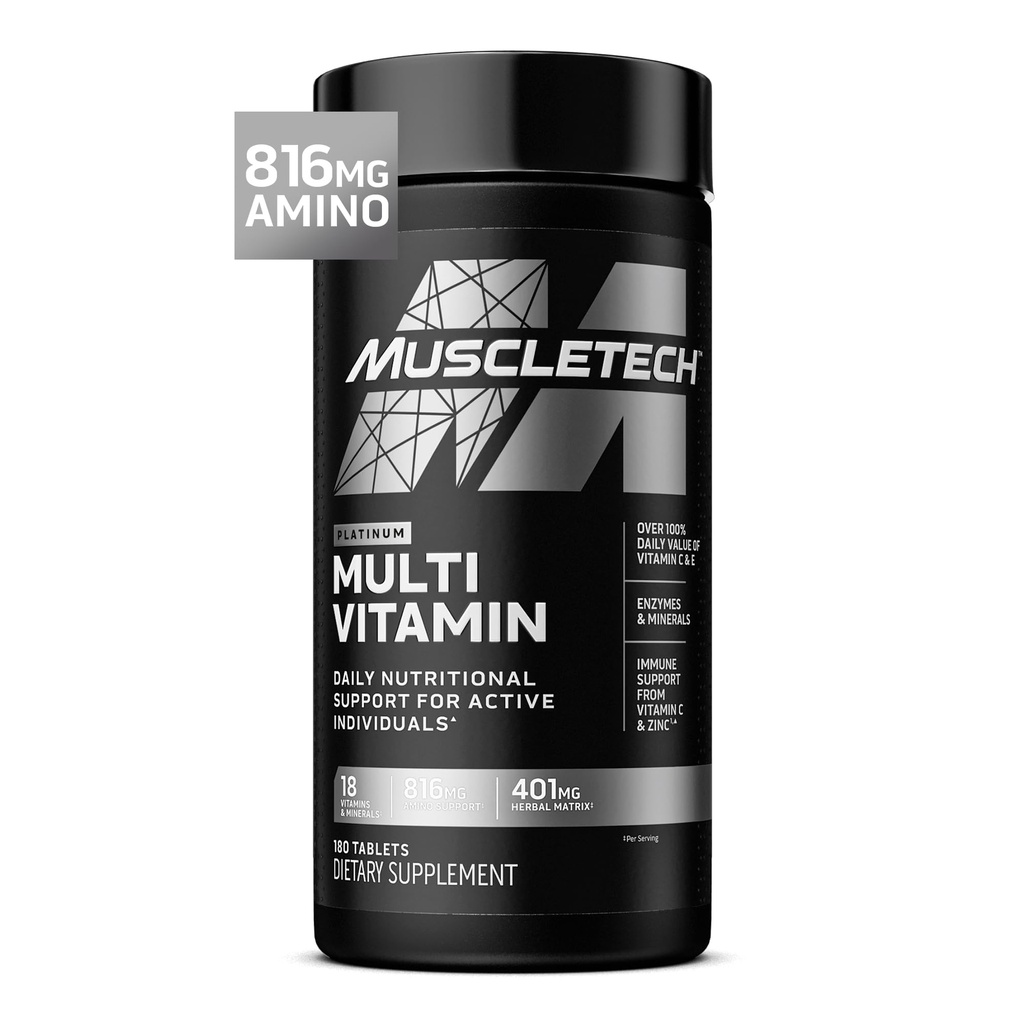 Muscletech Platinum Multivitamínico para Mujeres Hombres - Suplemento Multi-Vitamin para Apoyo Inmunitario - 18 Vitaminas & Minerales, Vitamina A C D E B6 B12 - Suplementos de entrenamiento diario para hombres - 180 cápsulas