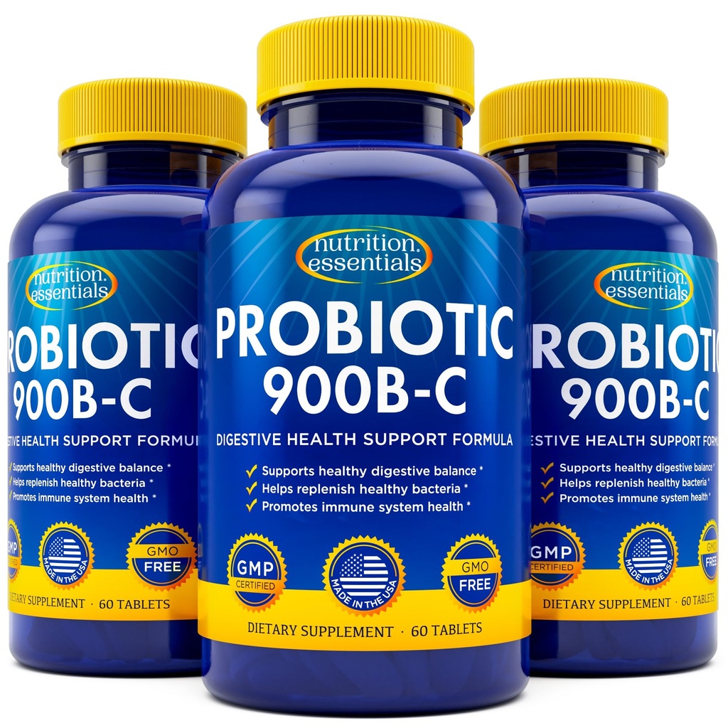 Nutrición Esenciales Probióticos para Mujeres y Hombres con Enzima Natural Lactasa & Fibra Prebiótica para Salud Digestiva - 80 por ciento + Suplemento Más fuerte para Gut Health Support - 3 Conde de 60 Tablets