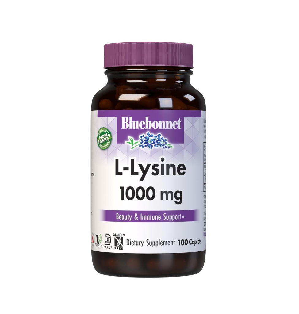 BlueBonnet L-Lysine 1000mg Essential Amino Acids Supplement - Immune & Collagen Support Supplements for Women &amp; Men - Non-GMO, Vegan &amp; Gluten-Free - 1000 mg L Lysine Por Serving - 100 Caplets