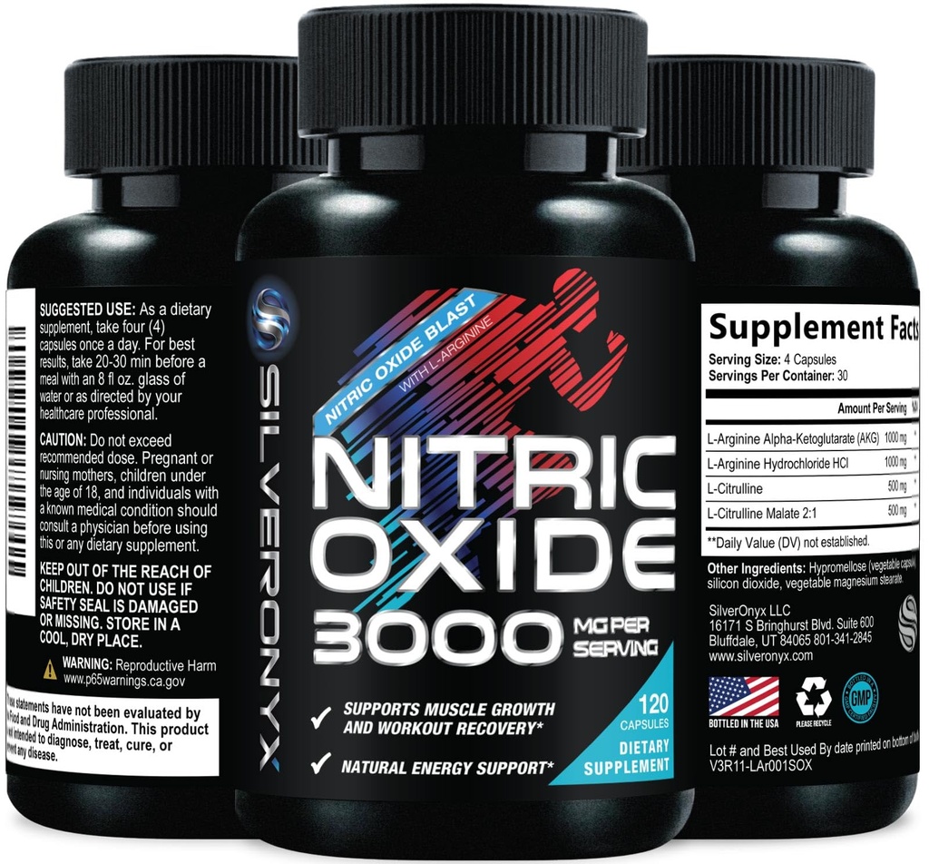 Extra Strength Nitric Oxide Suplemento 3X Strength L Arginine, Citrulline Malate, AAKG, Beta Alanine - Premium Muscle Support Nitric Booster - Natural Energy & Heart Health Support - 120 Capsules