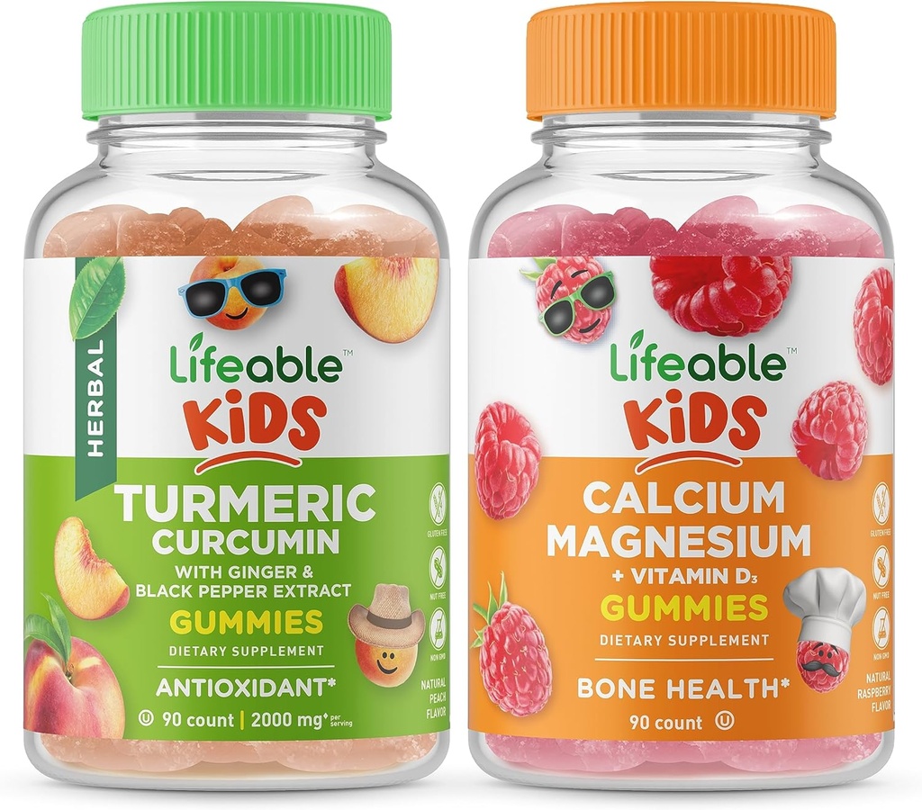 Curcumina de Turmérico Lifeable Niños + Calcio Magnesium Kids, Gummies Bundle - Gran Tasting, Suplemento de vitamina, Gluten Gratis, GMO Gratis, Chewable Gummy