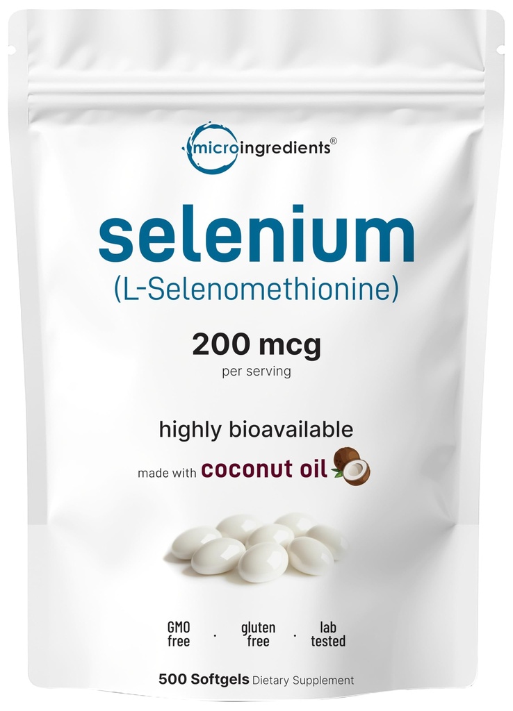 Micro Ingredientes Suplementos de Selenio para Mujeres &amp; Hombres 200mcg, 500 Softgels con aceite de coco TENIDO Trace Mineral Esencial como Selenomethionine ANTE Antioxidante para Energía, Corazón, &amp; Apoyo Inmunitario