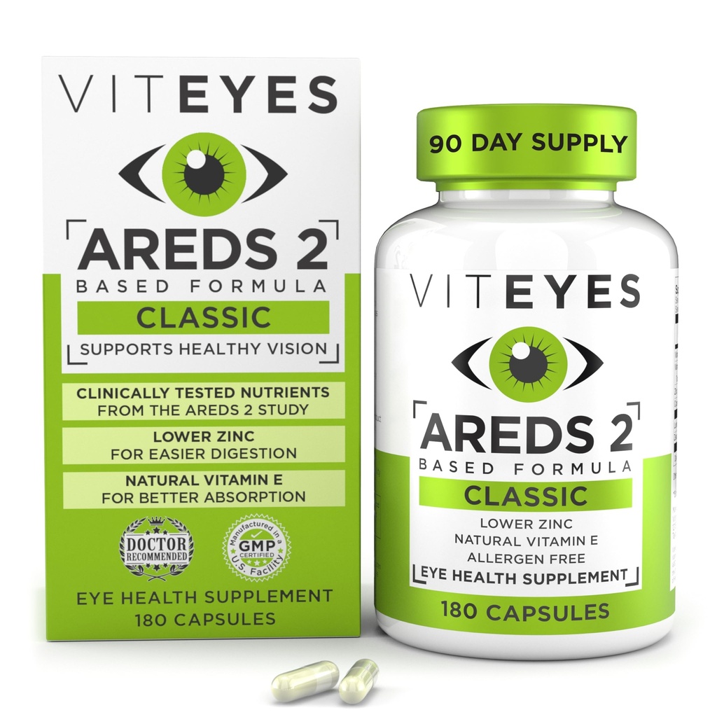 Viteyes AREDS 2 Vitaminas Oculares, Soporte Macular Clásico, Alérgenos Capsules Libres, con Vitamina Natural E, Vitamina C, Zinc, Cobre, Lutein &amp; Zeaxanthin, Eye Doctor Trusted, Fabricado en Estados Unidos, 180 Ct