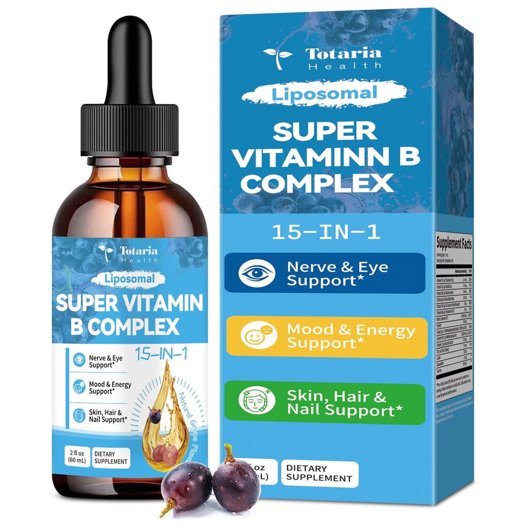 15-in-1 Complejo Liposómico de Vitamina B Complejo Pro, Gotas Complejo B sin azúcar con B1, B2, B3 Niacinamide, Choline, B5, B6, B7 Biotin, Inositol, Folate, B12, Zinc, Lutein, Zeaxanthin, Taurine &amp; Vit. C, 2 fl oz