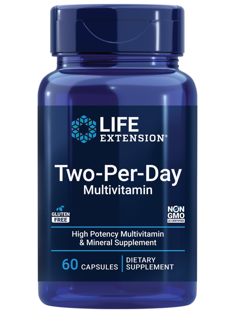 Extensión de la vida Multivitamínico de dos por día - para el corazón, el cerebro, el vaso sanguíneo y la salud celular – Vitaminas esenciales y minerales para el bienestar - Dos por día - sin gluten - 60 cápsulas