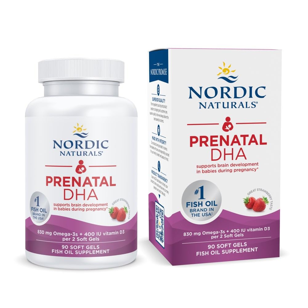 Naturales nórdicos DHA prenatal, Fresa - 90 Gels blandos - 830 mg Omega-3 + 400 UI Vitamina D3 - No GMO - 45 Actuaciones