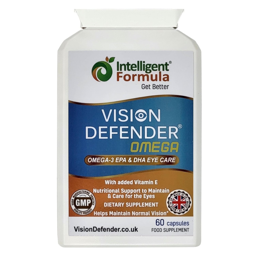 VISION DEFENDER OMEGA Suplemento Ojo: Cuidado y Alivio para los Ojos Secos, Mejorar la Salud Ojo- Alto Fuerza 1000mg Puro aceite de pescado Omega-3 (400mg EPA, 200mg DHA por cápsula)+Vitamin E (60 Softgels) Made in UK