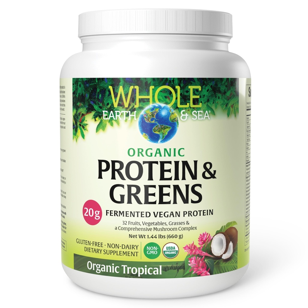 Toda la Tierra &amp; Mar de Factores Naturales, Proteína orgánica fermentada " Verdes, Suplemento alimenticio completo vegano, Tropical, 1lb 7.3 Oz