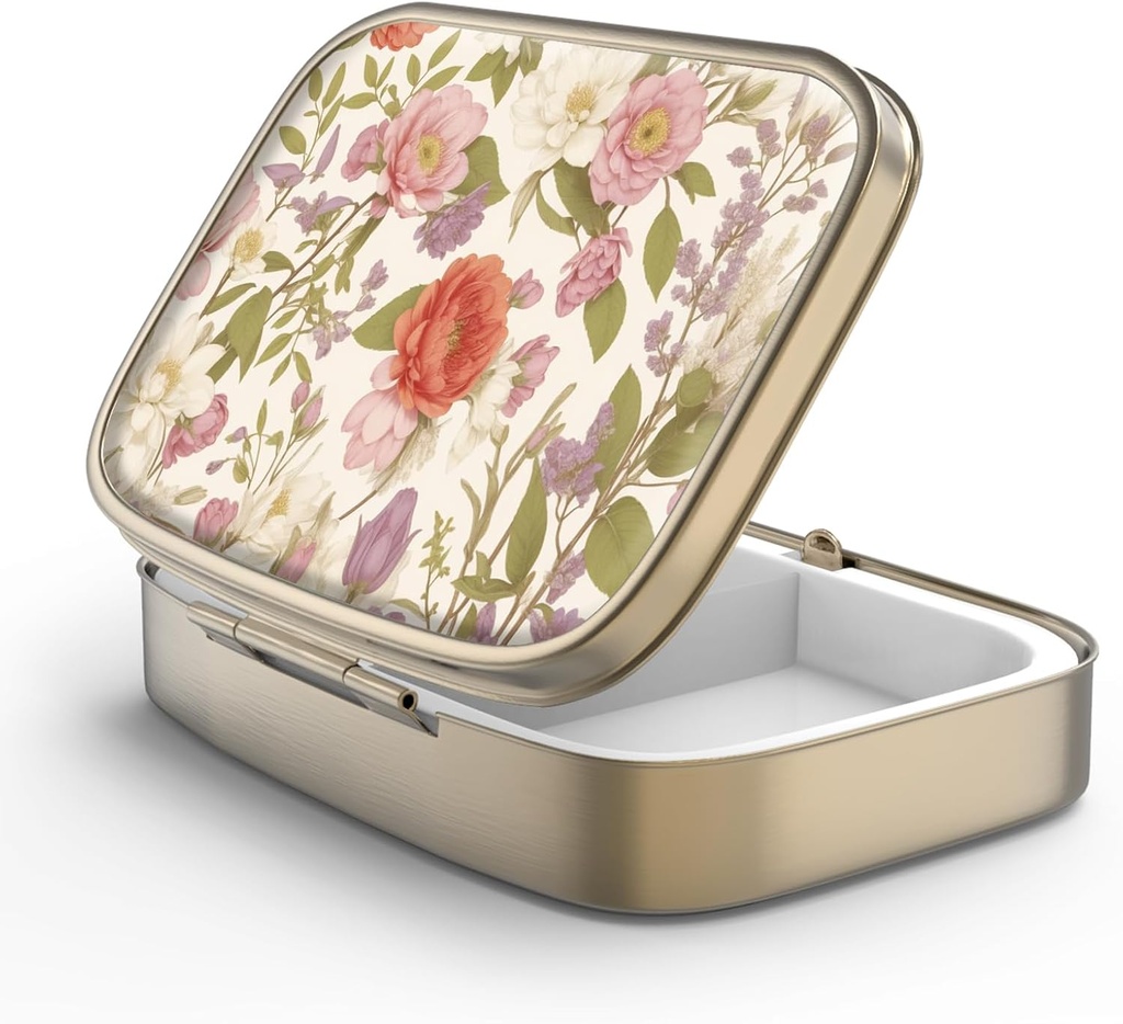 Pill Case Pill Box with Mirror Retro 2 Compartment Small Pill Case for Purse or Pocket Bronze Rectangular Pill Box or Vitamins, Fish Oil, Supplements, Pill Containe Travel Gifts(Retro Red Flowers)