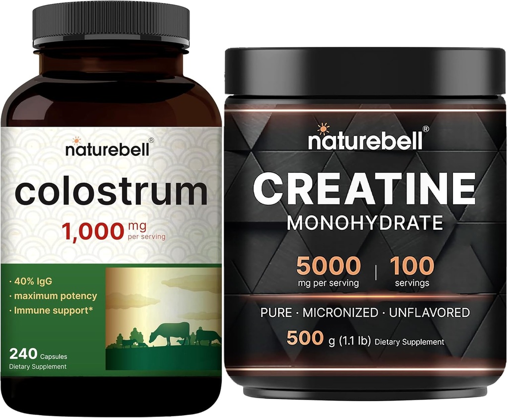 NatureBell Creatine Monohydrate Powder " Colostrum 240 Capsules 1000mg Por Serving Bundle Pack ← Alta Absorción Micronized Creatine ← Primera leche de la madre de Grass Fed Bovine