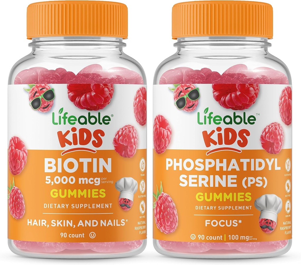 Niños de Biotina Lifeable + Phosphatidylserine (PS) Niños, Gummies Bundle - Gran Tasting, Suplemento de vitamina, Gluten Gratis, GMO Gratis, Chewable Gummy