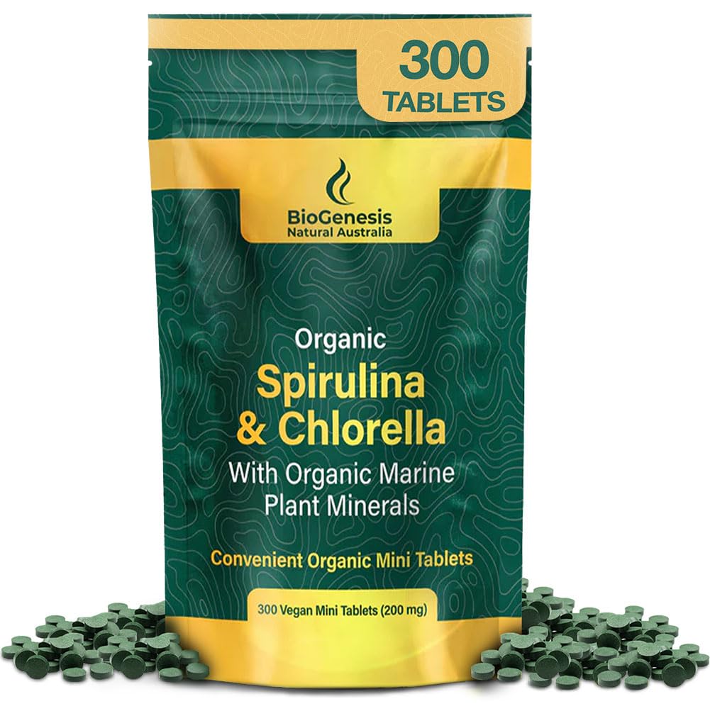 Biogenesis Organic Spirulina, Chlorella & Marine Plant Minerals – 300 Conde (200 mg) Silencio Australian Grown Algae Superfood ← Soporta Energía e Inmunidad