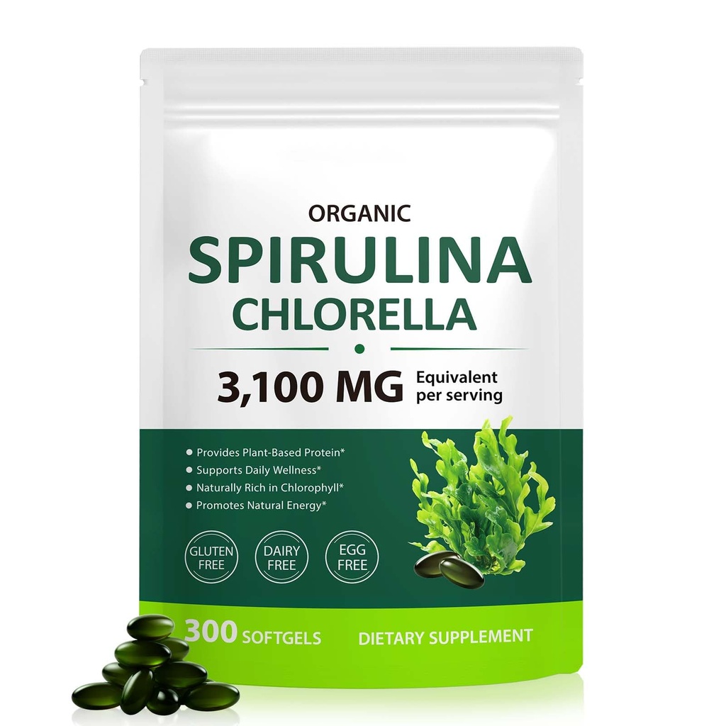 Tiuedu Spirulina Chlorella Softgels 300 cápsulas, 17 en 1 Green Nutrient Blend Spirulina Chlorella Softgels,Rich in Plant Protein, Vitaminas, Clorophyll, Easy to Take Softgel