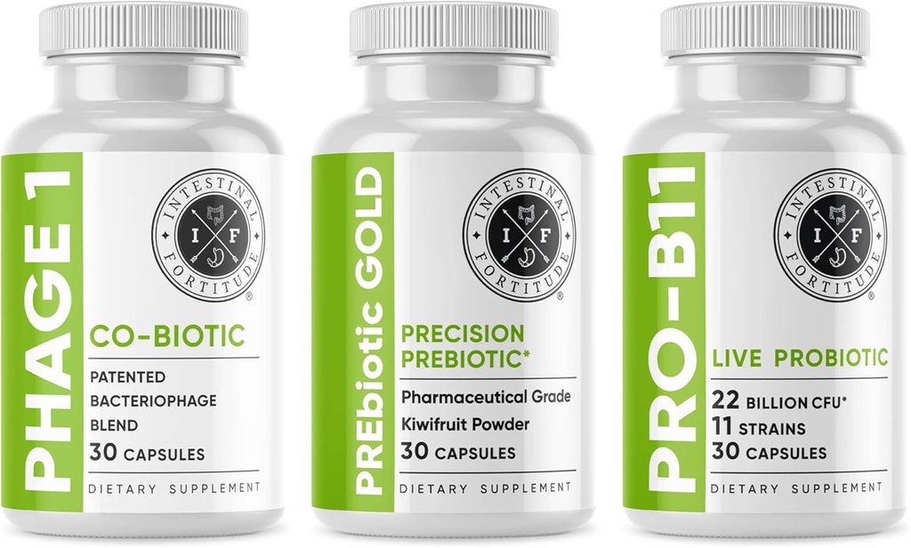 Intestinal Fortitude Gut Health Supplement Bundle - PREbiótico Gold, PRO-B11, Phage 1 - w/Gold Kiwifruit Pectin, SCFAs, y 22 Billion CFU para Microbiome Support, Gluten, Soy, " Dairy-Free Capsules