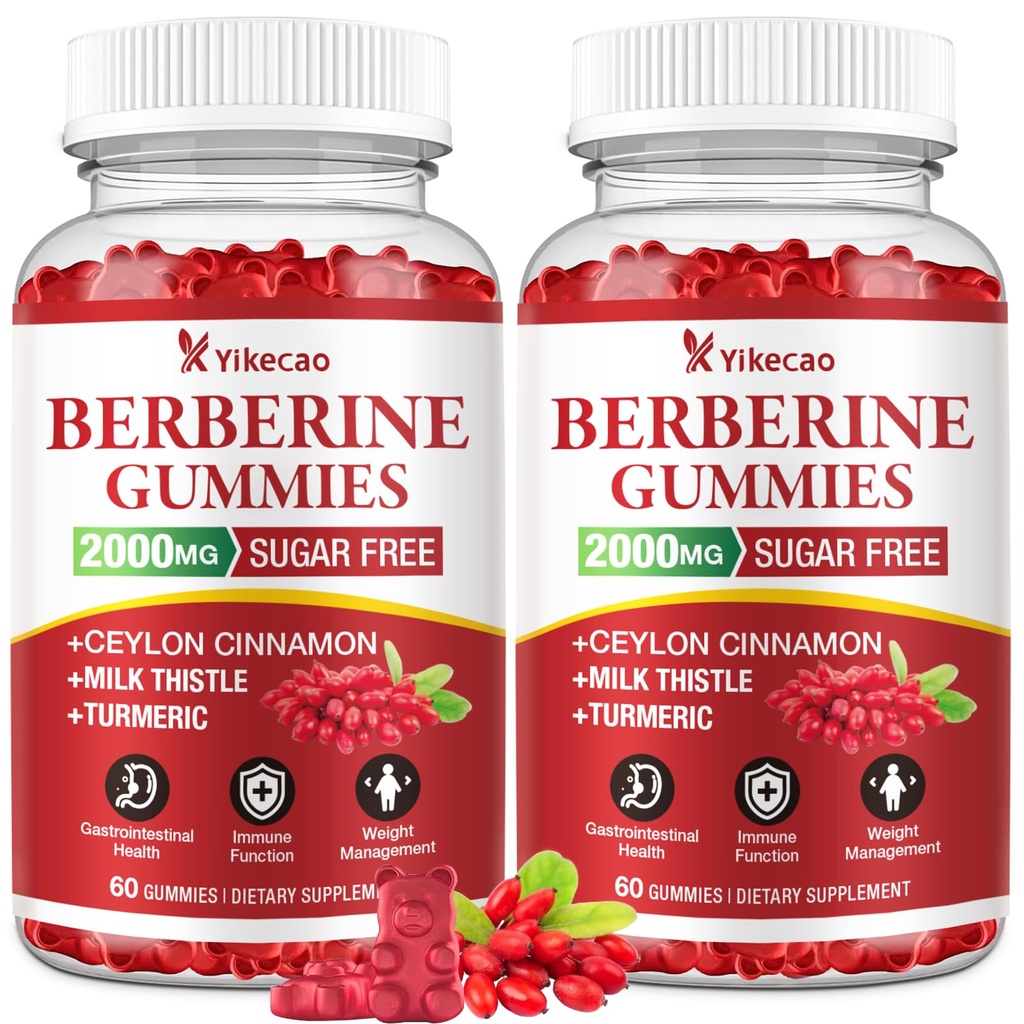 2 Pack Berberine Gummies with Ceylon Cinnamon, 2000mg Berberine HCL Supplement for Women & Men, Sugar Free, Vegan, Gluten-Free, Raspberry Flavor-120 Count