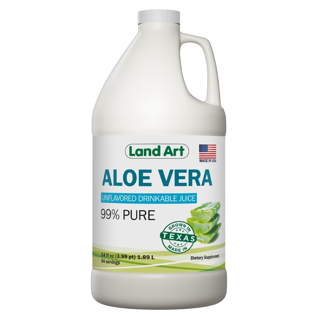 Land Art - Pure Aloe Vera Juice Unflavored – Cold-Processed - 99,7% Organic Aloe Vera Inner Fillet from Fresh Texas Leaves – Digestive Health, Detox and Natural Wellness – 64 fl oz