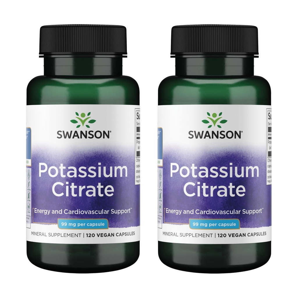 Citrato de Potasio de Swanson - Suplemento Mineral Promoción de la Salud del Corazón y Apoyo Energético - Ayudas Optimal Nerve & Kidney Fun with Natural Ingredients - (120 cápsulas, 99 mg cada uno) (2 Pack)