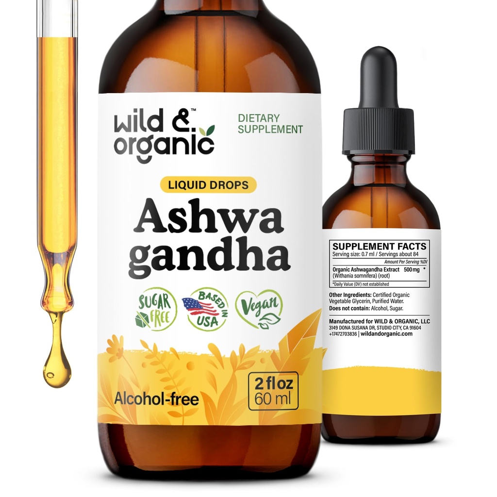 Wild & Organic Ashwagandha Liquid Drops - Calming Ashwagandha Root Extract for Relaxation - 1-Month Supply - Herbal Supplements for Women and Men - Vegan, Sugar &amp; Alcohol-Free Tintura - 2 fl oz