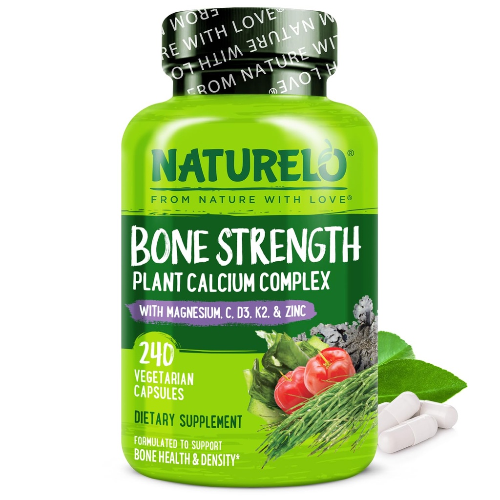 Suplemento de calcio NATURELO - con vitamina C, vitamina D3, K2, y zinc de calcio para la fuerza ósea con calcio 600 mg - base vegetal, 240 cápsulas vegetarianas, no GMO, soy " libre de gluten "