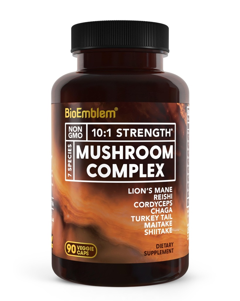 BioEmblem Mushroom Complex - 10:1 Fuerza y 7 especies - Lions Mane, Reishi, Cordyceps, Chaga, Maitake, Shiitake Mushroom Suplemento - Inmunity, Energy & Focus, Brain - Non-GMO, Vegan - 90 caps