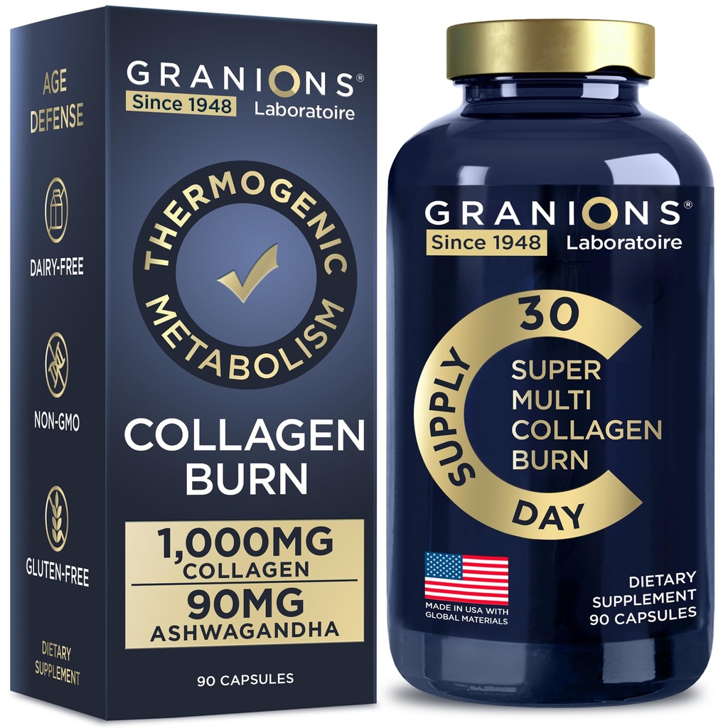 Granions Thermogenic Hydrolyzed Collagen Burn - Hialuronic Acid, Vitamina C - Cellulite Defense and Dermal Repair Multi Collagen Peptides Capsules for Women and Men - 90 Pills