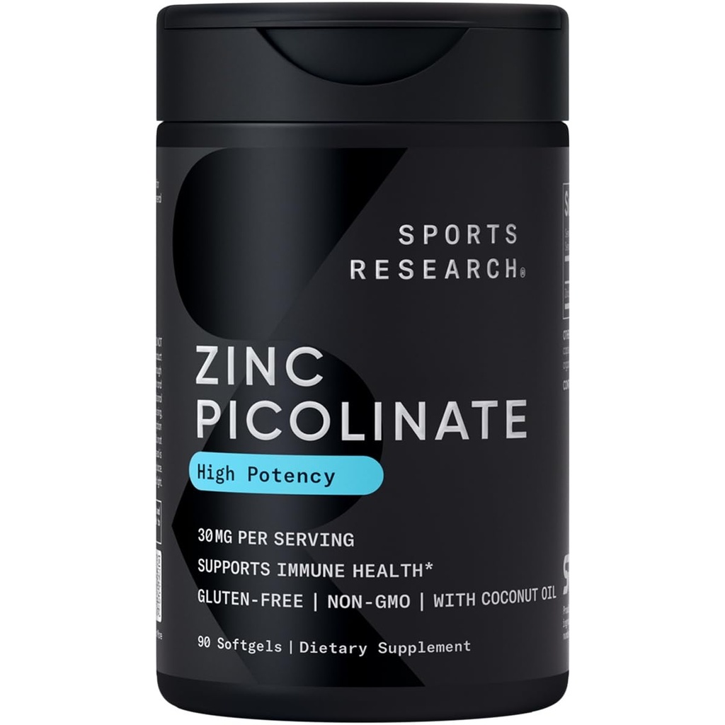 Sports Research High Potency Zinc Picolinate 30mg con aceite de coco orgánico TENIDO Altamente Absorbable Zinc Suplemento para la función de inzyme saludable - No GMO Tested &amp; Gluten-Free (90 Liquid Softgels)