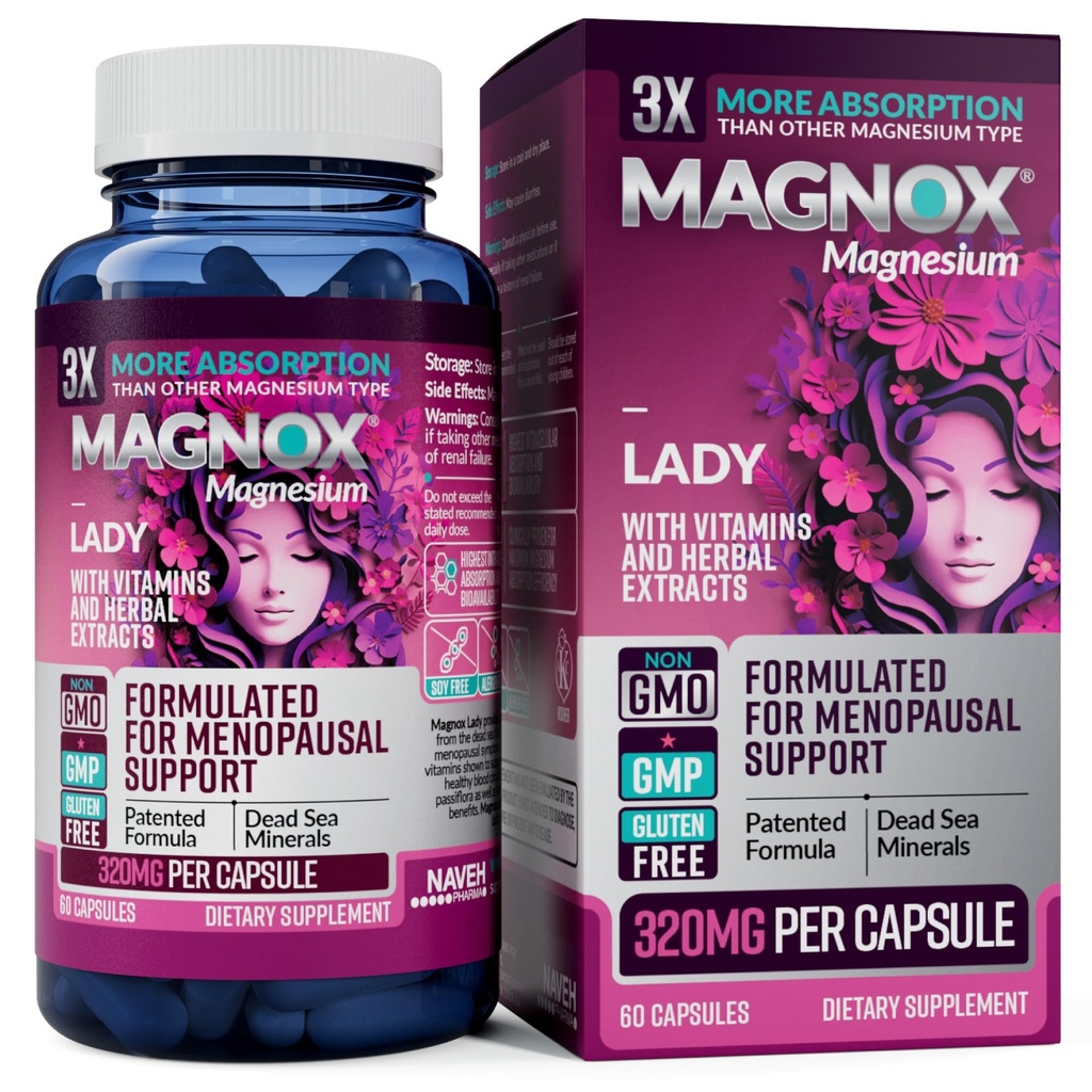 MAGNOX Lady Magnesium Suplemento TENIDO Menopause y PMS Apoyo Suplemento para Mujeres TENIDO Complejo de Magnesio con Vitaminas B6, B1, B12, D, Zinc ANTE High-Absorption Mar Muerto Magnesio Orgánico