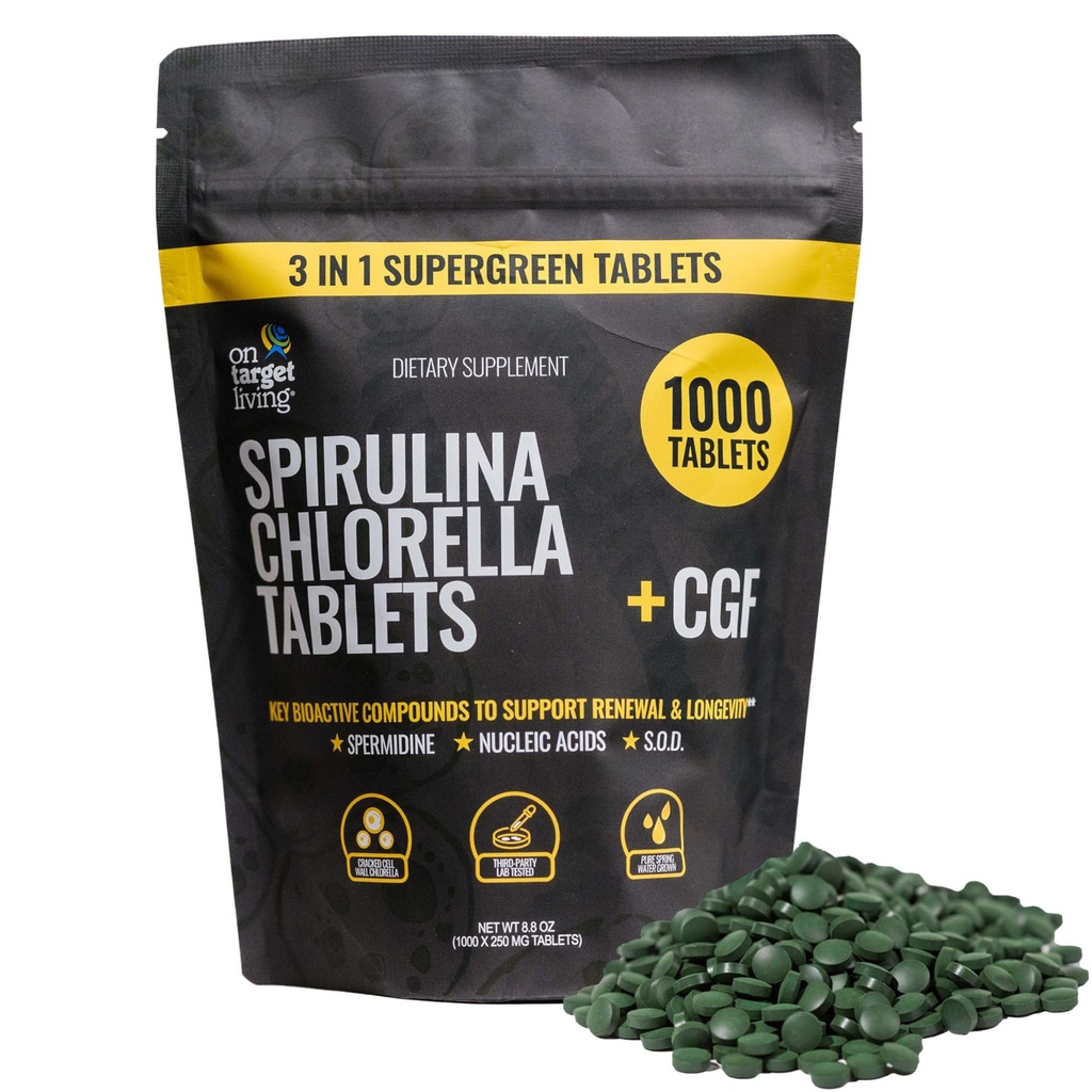 On Target Living Spirulina Chlorella + CGF tención 1000 Supergreen Tablets ← Vegan Silencio Immune Apoyo Silencio Alto en Protein Silencio Alkalyzing ← Nutrient Dense Silencio Energía Silencioso