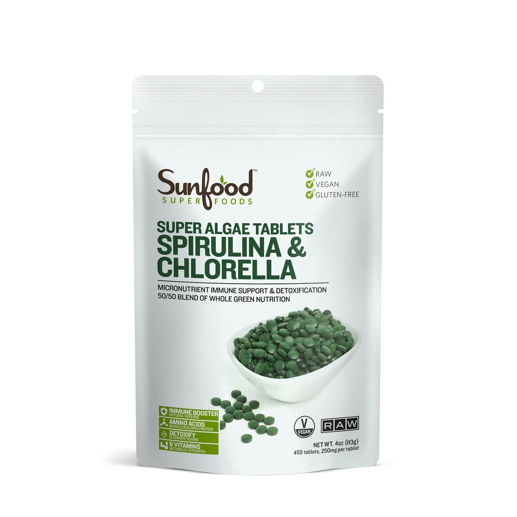 Sunfood Superfoods Chlorella Spirulina Tablets - Spirulina y Chlorella Green Algae Tablets for Women &amp; Hombres, Fuente de Clorophyll, B Vitaminas y Proteína, Broken Cell Wall, Vegan - 4 oz Bag