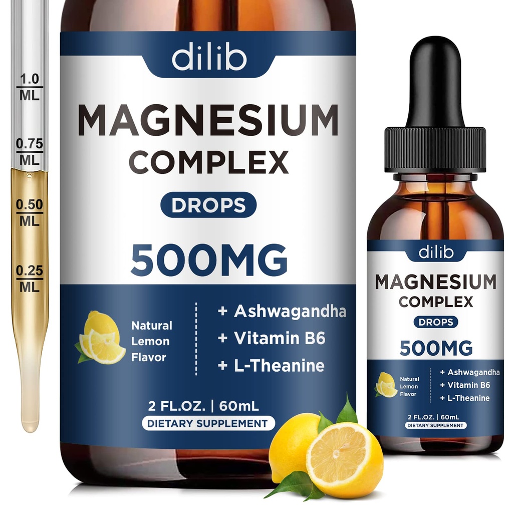 Suplemento de Magnesio Glycinate Líquido, Complejo de Magnesio Triple con Citrato, Malate 500mg Ashwagandha, L-Theanine, Vitamina B6 para el sueño, calma, alivio de estrés, hueso, musculo, mood - sabor limón