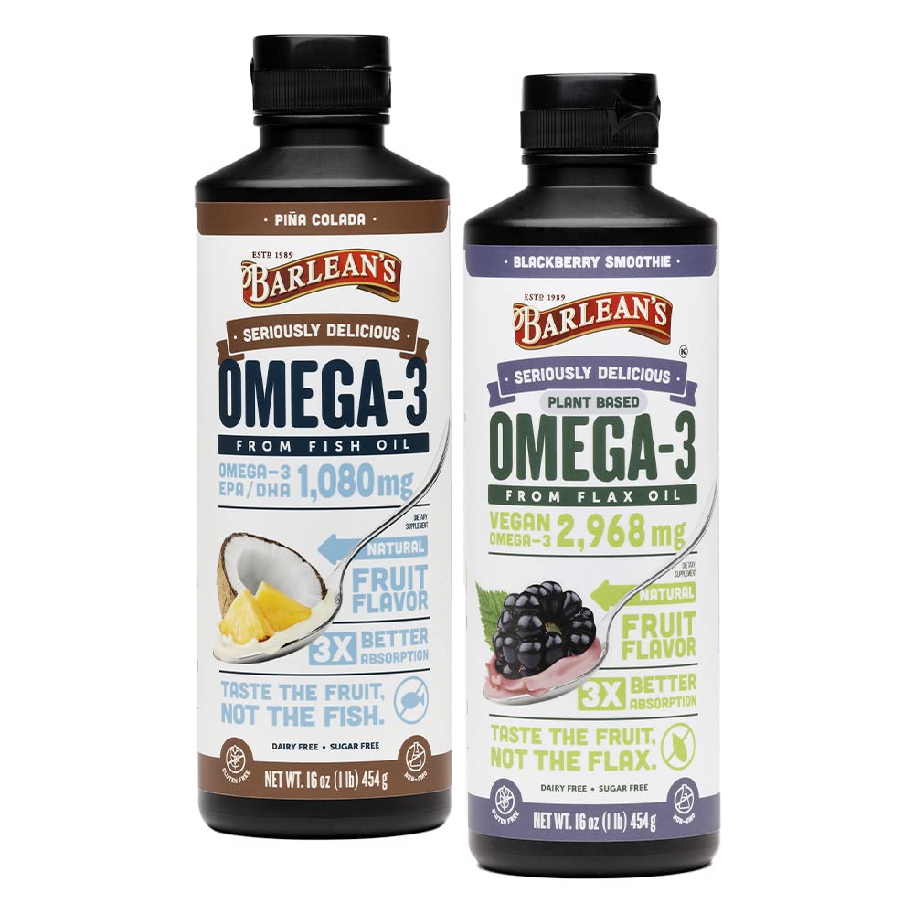 Barlean Omega 3 Liquid Supplement Bundle, BlackBerry Smoothie Flax Seed Oil y Piña Colada Fish Oil Supplements Set, 16 oz