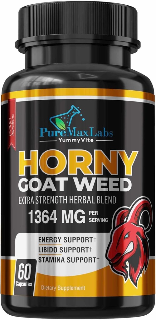 Horny Goat Weed Extra Strength w. Maca, L-Arginine, Ginseng, Boost Performance, Stamina, Energy, Non-GMO, 60 cápsulas