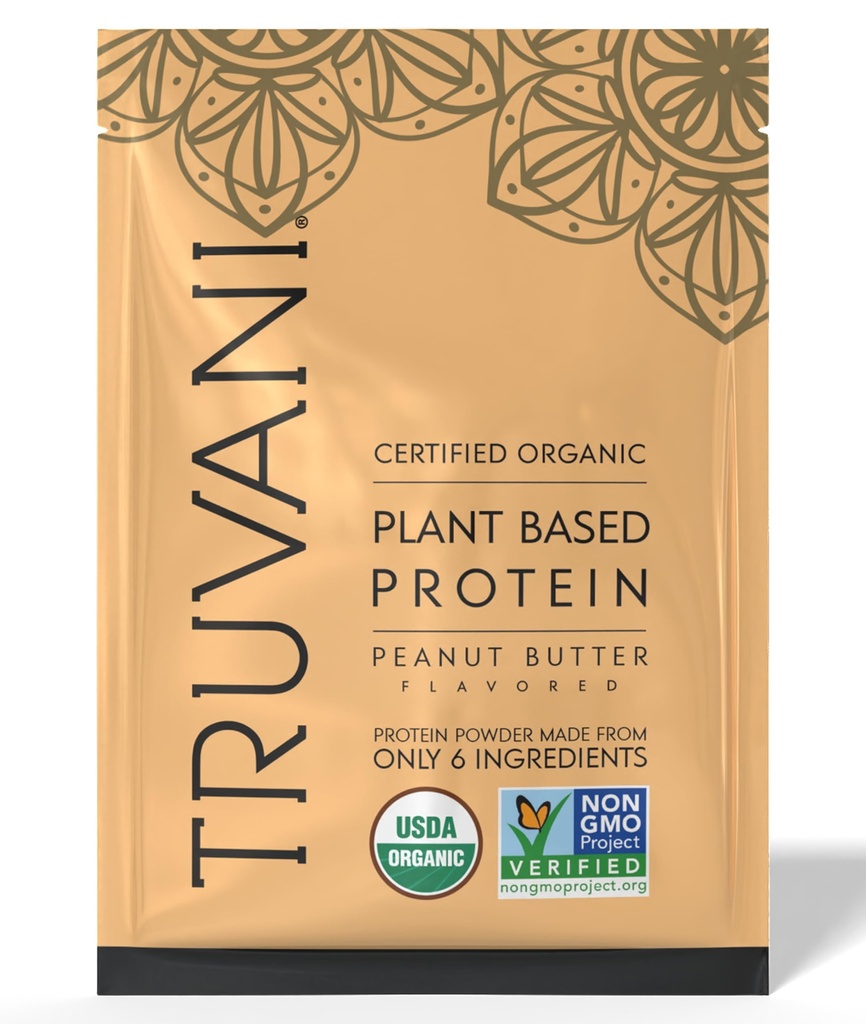 Truvani Vegan Pea Protein Powder ← Mantequilla de maní tóxica 32.7g Orgánica Proteína basada en plantas tóxica 1 Servir Silencioso Silencioso Gluten " Dairy Free ← Carb bajo Silencio No Añadido Sugar