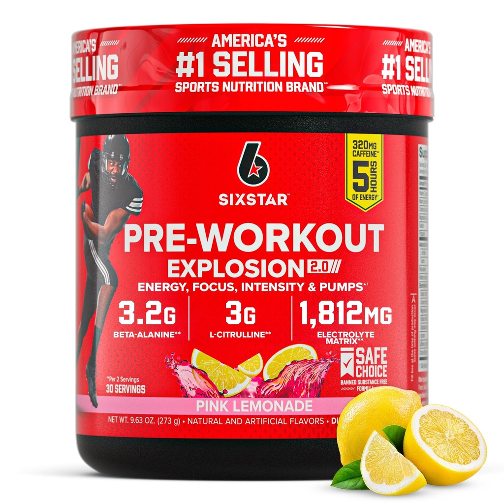 Polvo de seis estrellas para hombres y mujeres, limonada rosa (30 piezas) - Preworkout Explosion 2.0 Energy Powder Drink Mix with Beta-Alanine &amp; Caffeine - Sports Nutrition Supplement Products