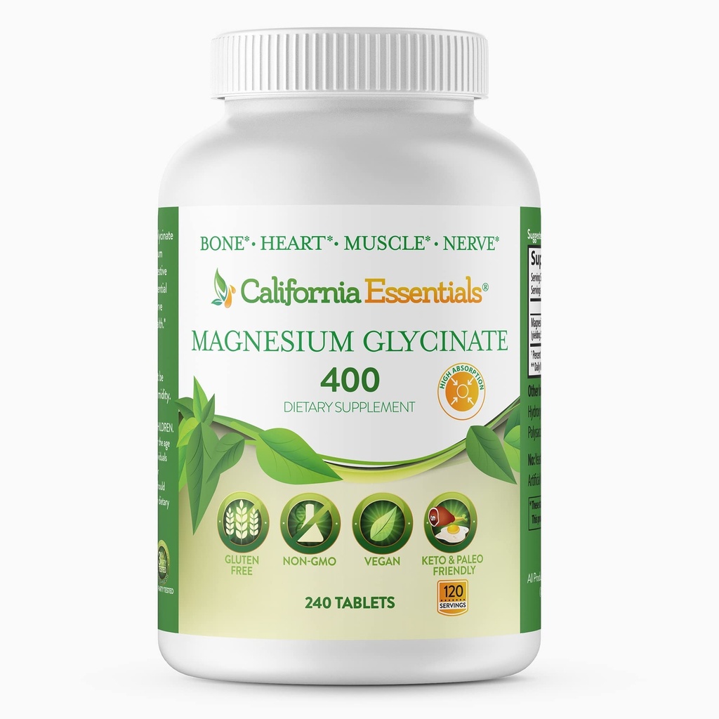 Magnesio Glycinate 400 - Magnesio Chelated, de alta absorción para el alivio muscular, Bone & Heart Support -Vegan, No GMO, sin gluten 240 Tabletas (Servings 120, Tamaño de servicio (2) 200mg Tablets)