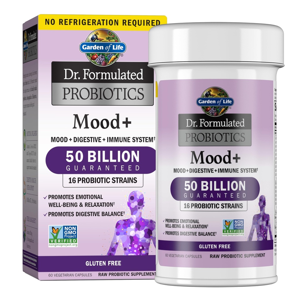 Garden of Life Probiotics Mood+ Dr Formulated Acidophilus Probiotic Supplement,Promotes Emotional Well-Being, Relax and Digestive Balance,Ashwagandha for Stress Management, 60 Count (Pack of 6)