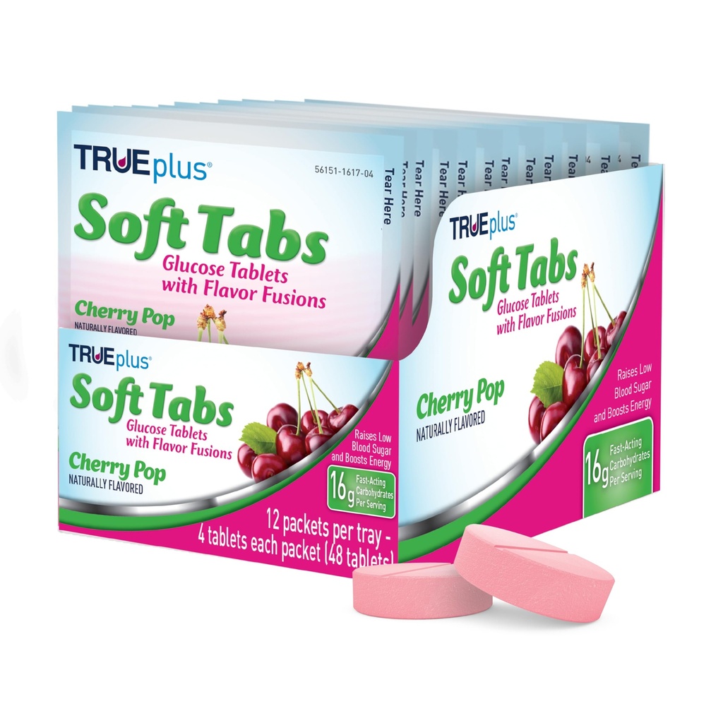 TRUEplus® Soft Tabs Glucose Tablets – 12 Packs – 48 pestañas (Cherry Pop)