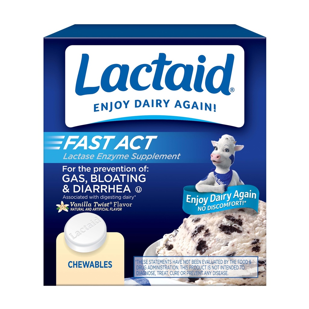 Lactaid Fast Act Lactose Intolerance Relief Chewables with Natural Lactase Enzyme to Prevent Gas, Bloating & Diarrhea Debido a Lactose Sensitivity, On-the-Go, Vanilla Twist Flavor, 60 x 1 ct