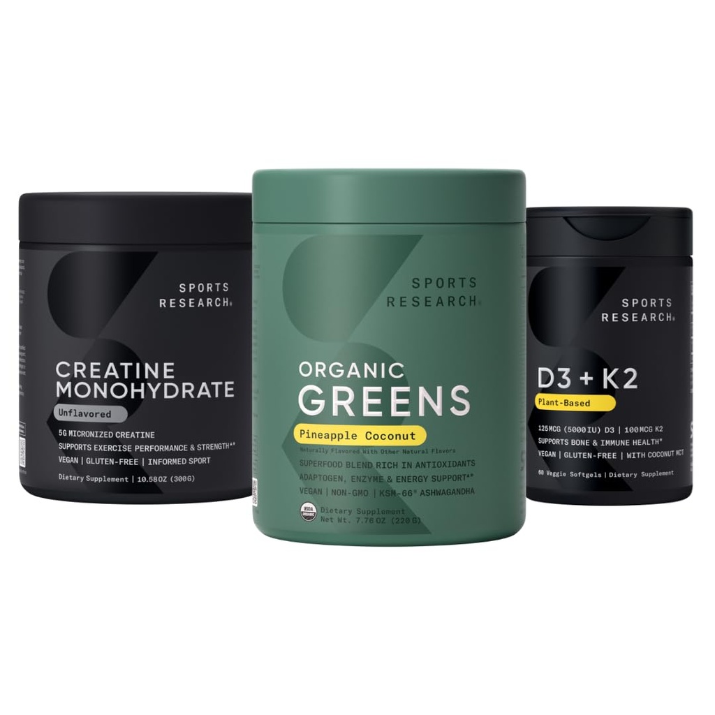 Sports Research® Organic Pineapple Coconut Greens, Creatine Monohydrate & Vitamin D3 5000iu + Vitamina K2 100mg